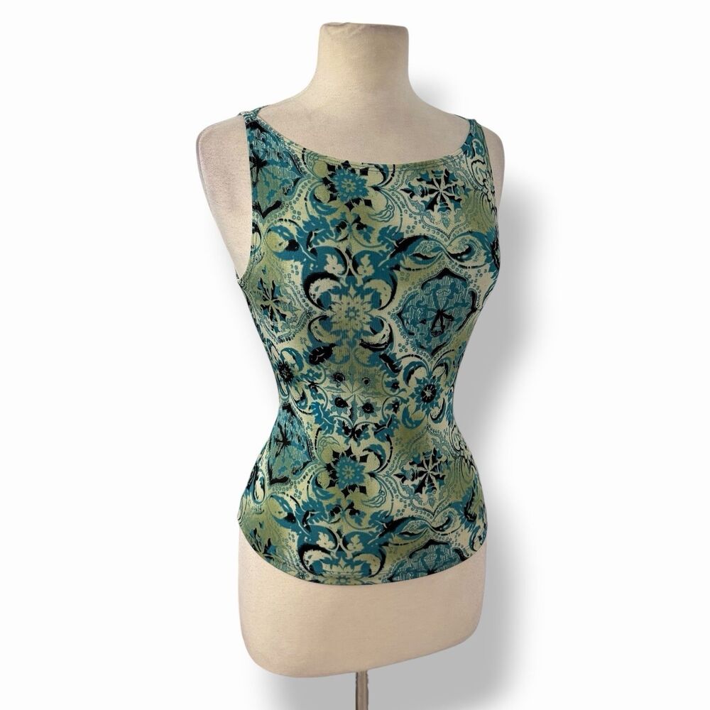 VTG Charlotte Russe Y2K Boho Medallion Boatneck Tank Top Green Blue Large - Picture 6 of 11